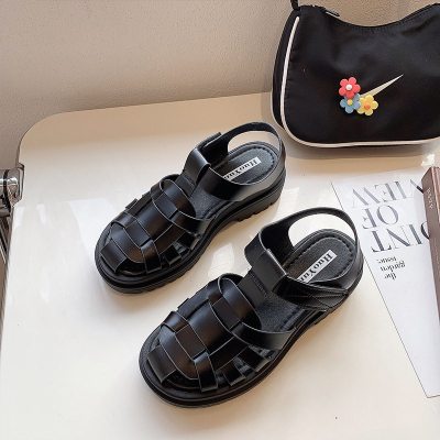 枫述罗马鞋女2021新款夏季百搭复古一字扣带编织镂空松糕厚底包头凉鞋