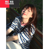 YIBUSHENG美式复古条纹t恤女季新款撞色拼接短袖oversize宽松学院风上衣