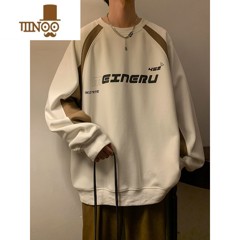 YANXU撞色复古圆领上衣男春季美式vintage外套青少年宽松廓形卫衣