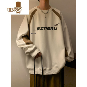 YANXU撞色复古圆领上衣男春季美式vintage外套青少年宽松廓形卫衣