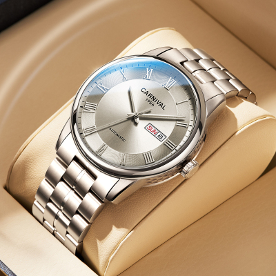 嘉年华Carnival正品男表防水进口机芯全自动机械表 男士手表双日历时尚表钢带潮流休闲简约腕表新款806