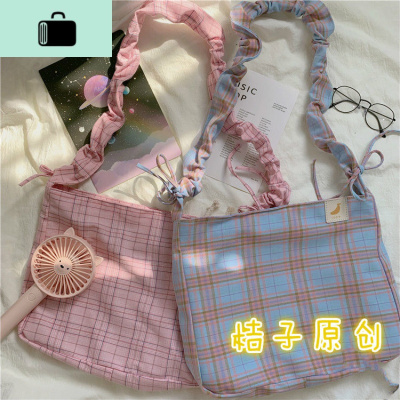 韩国INS文艺小清新森系少女格子布包原宿chic学生单肩包斜挎包女NEW LAKE女士单肩包