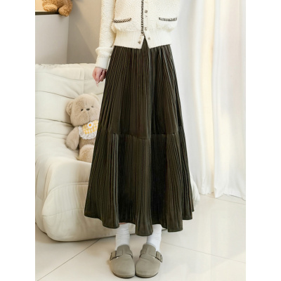 金丝绒半身裙女春秋2026新款高腰a字灰色百褶裙长裙小个子蛋糕裙