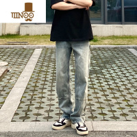 YANXU国潮牌美式街头做旧水洗直筒牛仔裤男oversize设计感宽松百搭长裤