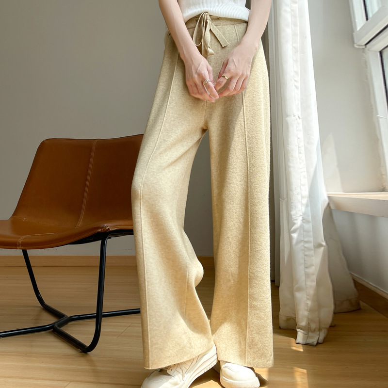 秋冬阔腿裤女中缝直筒裤子松紧高腰垂感新款休闲裤纯色安迪绒长裤