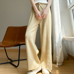 秋冬阔腿裤女中缝直筒裤子松紧高腰垂感新款休闲裤纯色安迪绒长裤