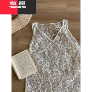 YIBUSHENG韩系中长款蕾丝罩衫连衣裙女季2024新款外穿背心设计感无袖上衣 白色罩衫裙 均码