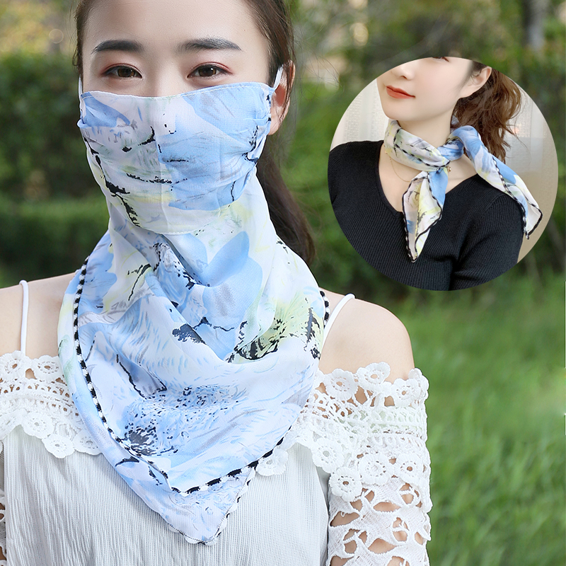 尼曼防晒面纱口罩夏季女挂耳式三角巾开车遮全脸薄款围脖护脖子小丝巾