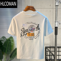 HLCOMAN白色T恤男士夏季新款高端潮流印花t恤美式轻奢新疆棉舒适短袖上衣