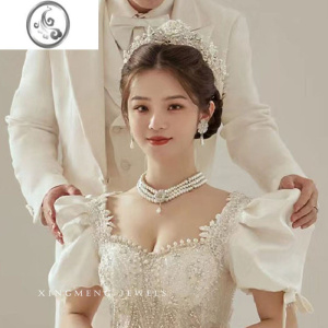 JiMi新款法式新娘珍珠项链复古宫廷奢华配饰结婚婚纱耳环高级大气简约 模特项链+耳环