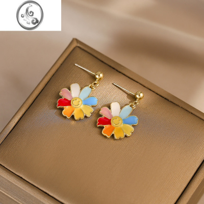 JiMi适合夏天的彩色花朵耳环小众设计感甜美可爱耳钉蚊香盘无耳洞耳夹