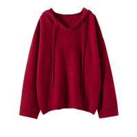 秋冬新款五针连帽拼色山羊绒衫女针织帽衫宽松休闲显瘦套头毛衣