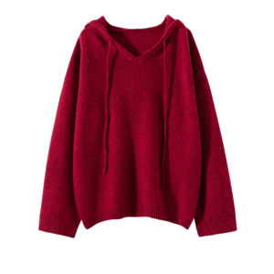 秋冬新款五针连帽拼色山羊绒衫女针织帽衫宽松休闲显瘦套头毛衣