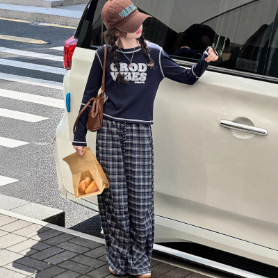女童秋装套装新款初中生女孩秋季长袖上衣格子裤两件套韩系潮