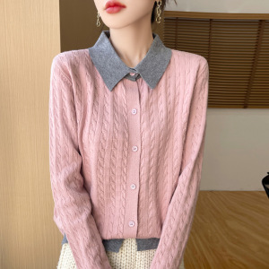 拼接翻领假两件针织开衫女春秋新款宽松麻花毛衣外套上衣