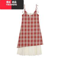 YIBUSHENG红色假两件格纹蕾丝吊带连衣裙女季海边度假风设计感小众长裙子