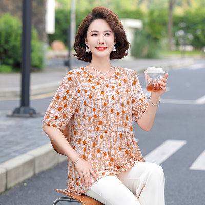 妈妈装夏季小衫时尚薄款波点中老年女装上衣轻薄40岁圆领套头衫夏