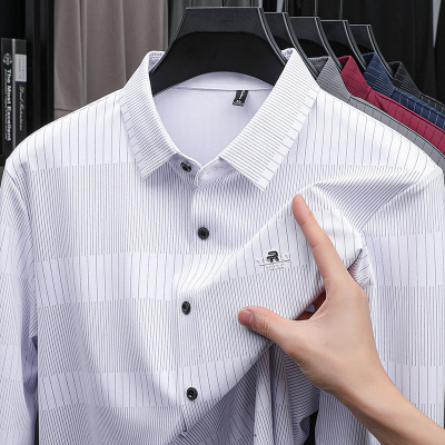 男士新款衬衫春秋季时尚爸爸装中年条纹商务休闲长袖衬衣男装