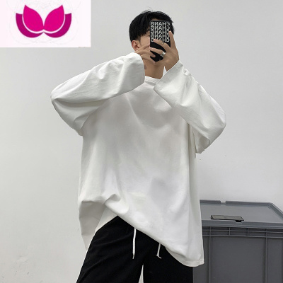 七斓美式长袖T恤男春季宽松纯色小领口打底衫oversize卫衣薄款潮