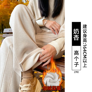 羊毛阔腿裤女新款秋冬加绒窄版小个子人字纹开叉毛呢直筒裤子_181