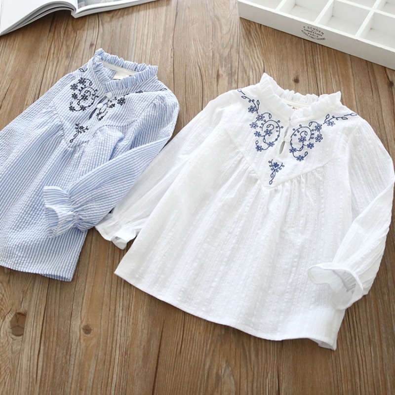 2018春季新款韩版童装女童花朵刺绣娃娃衫儿童宝宝长袖套头衫衬衣