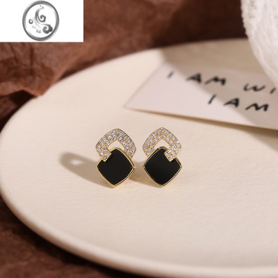 JiMi黑色耳钉2023新款轻奢高级感几何耳环小巧精致小众耳饰送女友