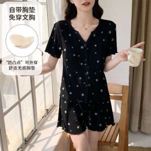 睡衣女士夏季开衫短袖裤套装薄款大码2026新款带胸垫家居服
