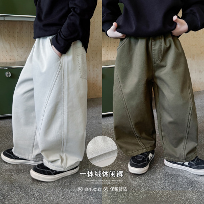 童酷男童冬季新款山系纯色宝宝长裤拼接一体绒加厚儿童休闲裤