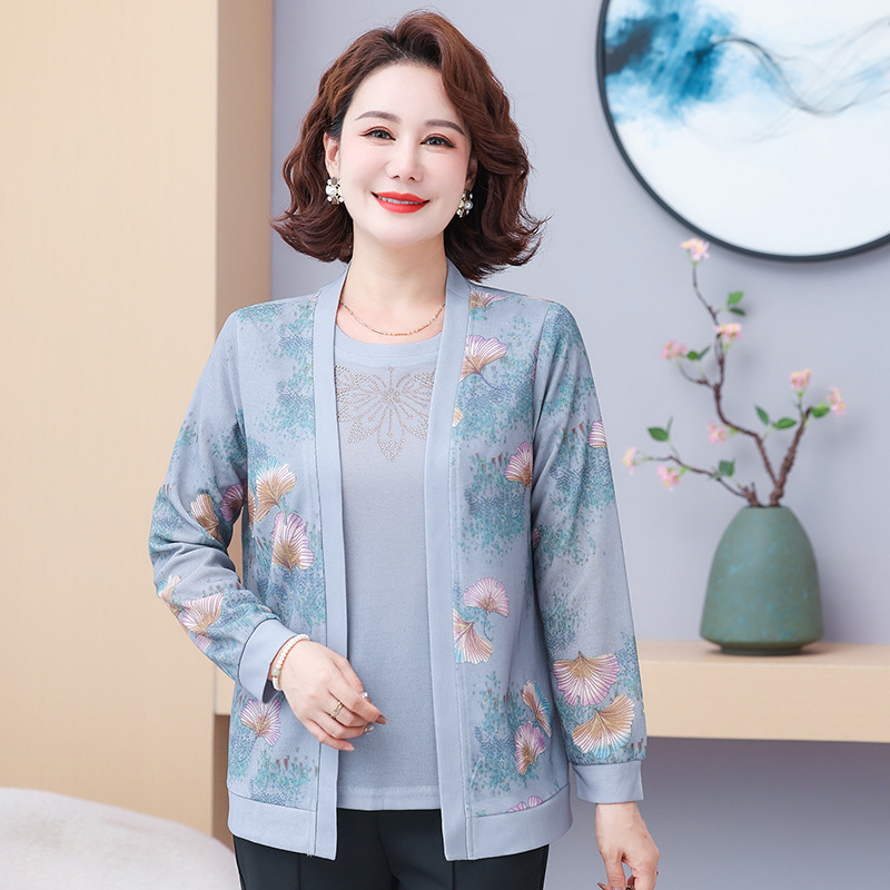 妈妈秋装上衣洋气减龄新款中老年人女薄款长袖烫钻针织小衫