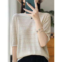 新款圆领天丝短袖针织衫女夏薄款设计感短款提花上衣T恤女