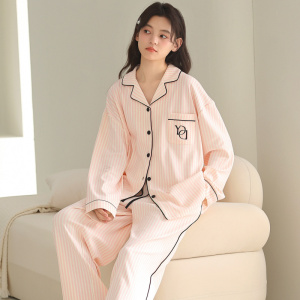 100%纯棉睡衣女款春夏长袖高级简约条纹可外穿全棉女士家居服套装