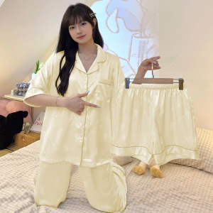 睡衣女夏季冰丝短袖短裤薄款2026条纹卡通印花宽松大码可外穿家居