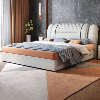 意式纳帕真皮床轻奢现代简约双人床主卧榻榻米储物床家用软包婚床