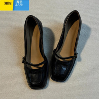 聚范小皮版!粗跟玛丽珍鞋法式复古乐福鞋黑色方头浅口一字带单鞋女