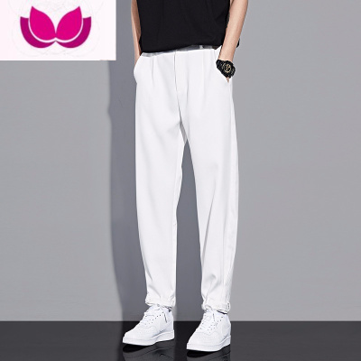 七斓男士韩版潮牌冰丝百搭直筒九分束脚白色裤子休闲宽松小西裤