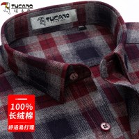 啄木鸟纯棉衬衫男长袖中年爸爸磨毛红色格子商务休闲全棉男士衬衣