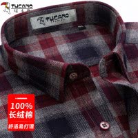 啄木鸟纯棉衬衫男长袖中年爸爸磨毛红色格子商务休闲全棉男士衬衣
