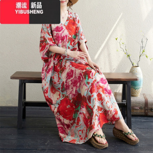 YIBUSHENG红色花过膝长裙子季花色度假风旅游V领复古长裙遮肉棉麻连衣裙