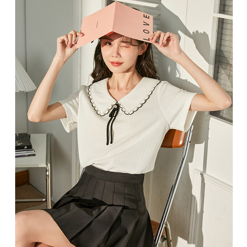 [1.5折价52元]唐狮夏季新款女短袖T恤设计感小众针织衬衫式上衣法式外穿半袖DY