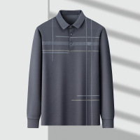 春秋季中年男士翻领长袖T恤爸爸装中老年条纹上衣休闲打底POLO衫