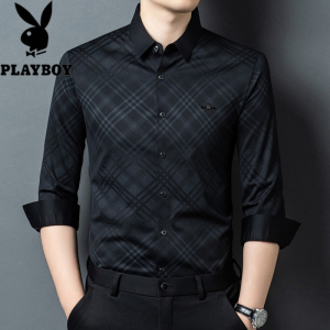 花花公子秋冬新款男装无痕免烫长袖男士衬衫商务休闲中老年大码格子衬衣服