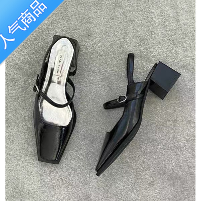 SUNTEK设计感韩系方头晚风单鞋女2023春夏法式后空中粗跟包头浅口凉鞋女