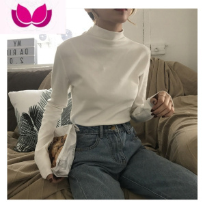 七斓2022港风t恤上衣百搭心机洋气半高领女士内搭显瘦黑色打底衫