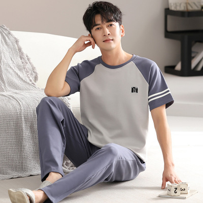 男士睡衣夏季纯棉短袖长裤家居服薄款全棉宽松大码可外穿青年套装_1