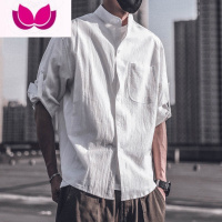 七斓vintage亚麻短袖衬衫男日系宽松立领五分袖衬衣夏季棉麻寸衫帅气