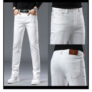 欧美高端潮牌白色牛仔裤男士修身小脚轻奢高级潮流百搭简约裤子