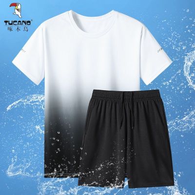 啄木鸟夏季冰丝套装男士轻薄款速干透气休闲运动短袖短裤爸爸男装