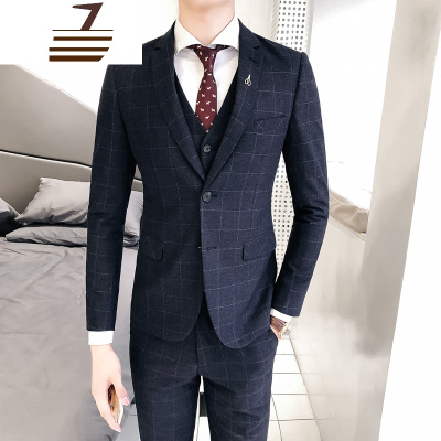 NEWLAKE百搭修身男士双扣西服套装格子西装外套三件套休闲青年男装英伦风