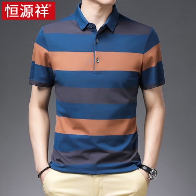 恒源祥纯棉男士短袖t恤2025新款条纹纯棉带翻领半袖体恤polo衫男