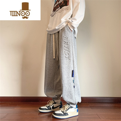 YANXU男士卫裤九分宽松束脚灰色潮牌运动裤子学生男帅气休闲长裤